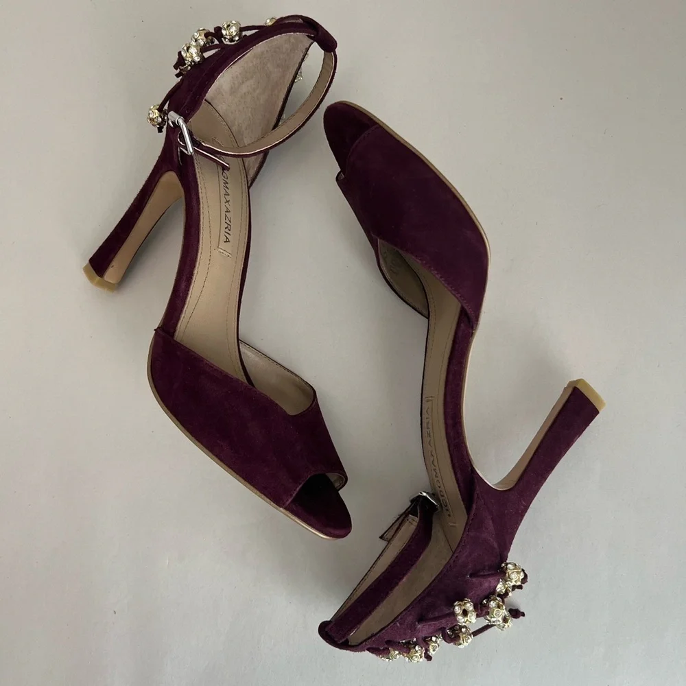 BCBGMAXAZRIA Burgundy Suede Crystal Beaded Fringe Peep Toe Heels 37.5 US 7.5